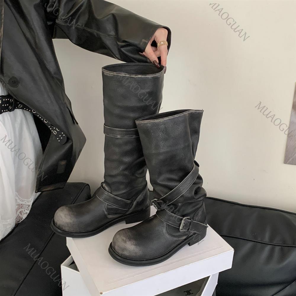 Leather Classic Strap - İlkbahar Sonbahar Kalın Topuklu Diz Üstü