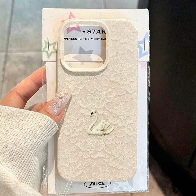 Apple Iphone 16 - Dantel Kuğu Desenli Lychee Dokulu Telefon